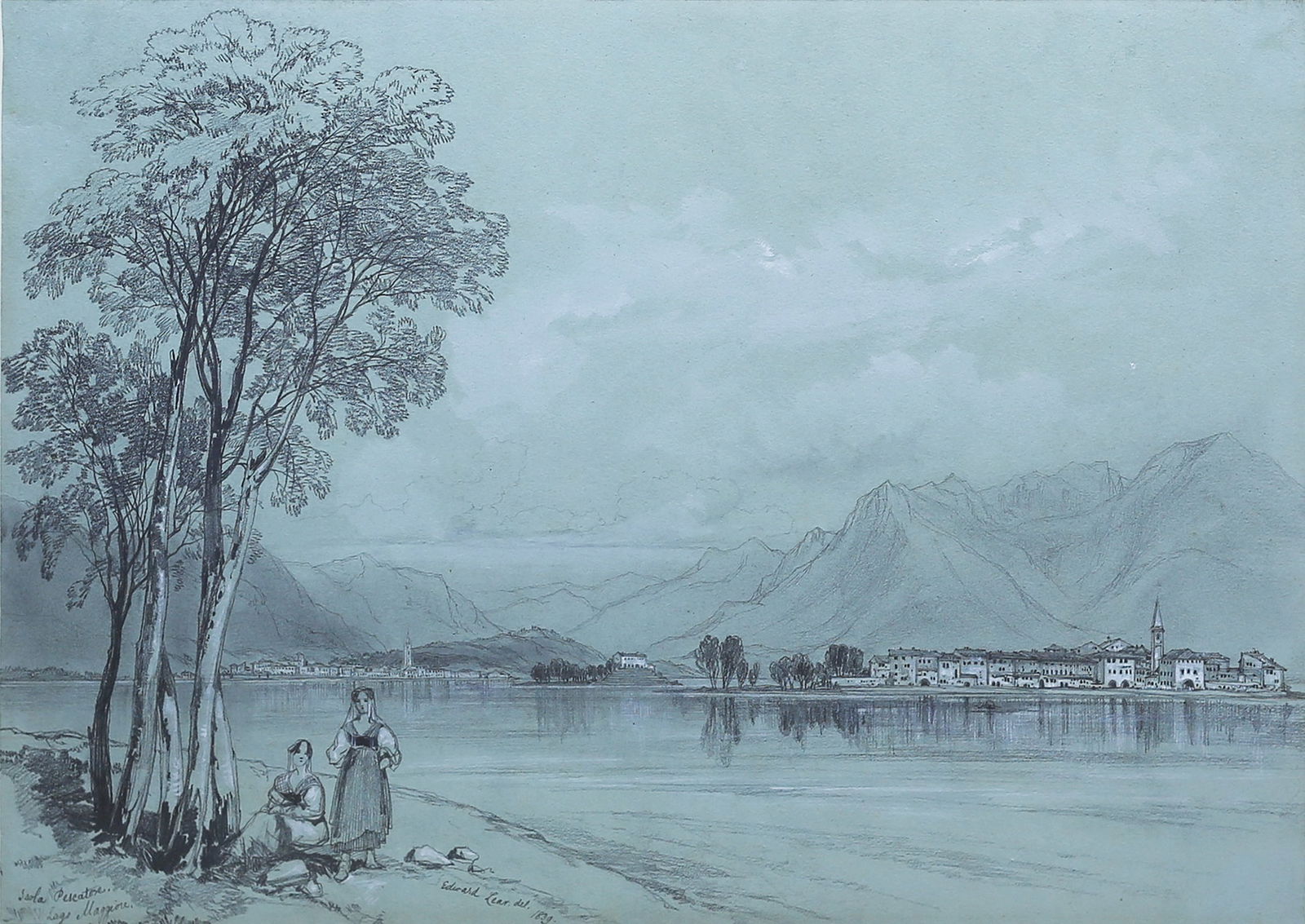 Edward Lear Drawing, Lake Maggiore: LEAR, Edward (1812-1888). Isola Pescatore, Lago Maggiore. Pencil with White chalk on blue paper. 9 3/4" x 13 1/4" sheet, 21 1/2" x 25 1/2" framed. After 1837, Lear lived mainly in Italy and Corfu. On