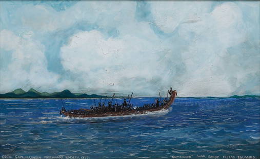 Gamlin Original Watercolor of a War Canoe in the Fijian Islands: GAMLIN, Cecil (British, fl. 1878-1879). "Outrigger" - War Canoe in Fijian Islands. Watercolor and gouache on paper. London Missionary Society 1879. 8 1/2” x 13 1/2” visible, 19” x 24