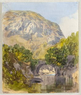 John Henry Hill Watercolor, Pont Aberplasin: HILL, John Henry (1839-1922). Pont Aberplasin... Watercolor on paper. Signed: "J. H. Hill 1878". 4&rdquo; x 3 1/4&rdquo; sheet, 13 1/2&rdquo; x 12 1/2&rdquo; framed. John William Hill’s son John Hen