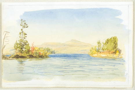 John Henry Hill Watercolor, Lake George: HILL, John Henry (1839-1922). Lake George (?). Watercolor on paper. Ca. 1865. 3&rdquo; x 4 3/4&rdquo; sheet, 12 1/2&rdquo; x 14&rdquo; framed. John William Hill’s son John Henry Hill (1839-1922) was