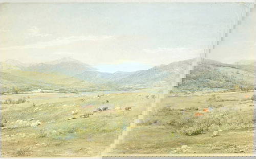 John Henry Hill Watercolor, White Mountains 1858: HILL, John Henry (1839-1922). White Mountains. Watercolor on paper. Ca. 1858. 7 1/4” x 11 3/4” sheet, 16” x 20 1/2” framed. John William Hill’s son John Henry Hill (1839-1922