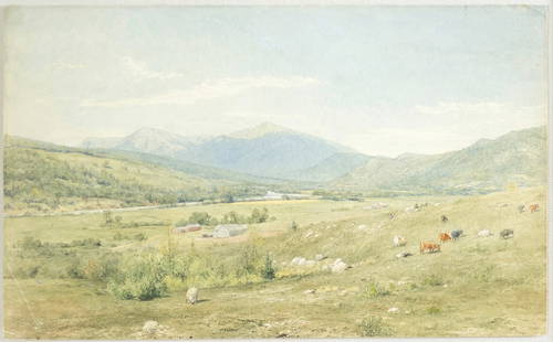 John Henry Hill Watercolor, White Mountains 1858: HILL, John Henry (1839-1922). White Mountains. Watercolor on paper. Ca. 1858. 7 1/4” x 11 3/4” sheet, 16” x 20 1/2” framed. John William Hill’s son John Henry Hill (1839-1922