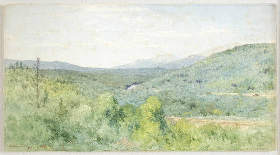 John Henry Hill Signed Watercolor, White Mountains 1858: HILL, John Henry (1839-1922). White Mountains. Watercolor on paper. Signed and dated lower left: "J. Henry Hill / 1858." 6 1/2” x 11 1/2” sheet, 16 1/2” x 20 1/2” framed. John