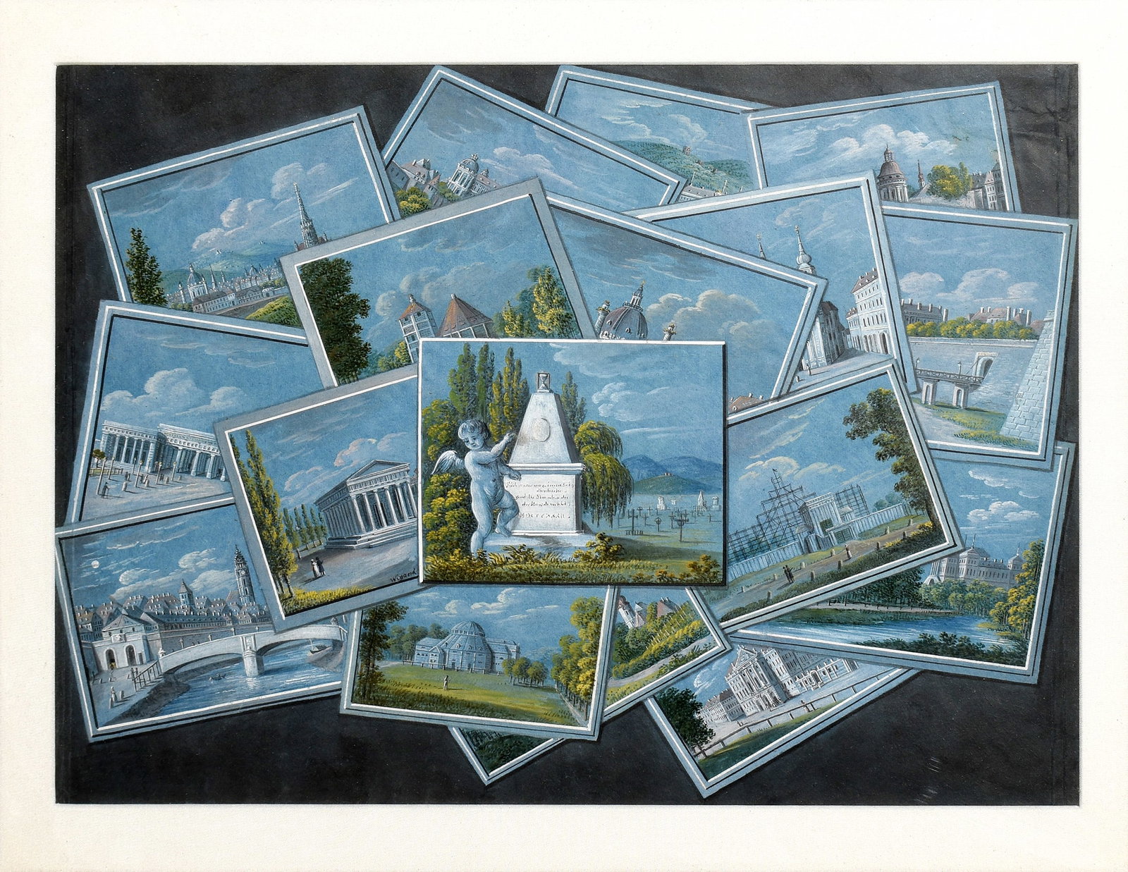 Balthasar Wigand, Trompe L'Oeil of Monuments in Vienna, Austria: WIGAND, Balthasar (1770-1846). A Trompe-L'oeil with Seventeen Drawings of Viennese Monuments. Pen and brown ink, bodycolor heightened with white on blue paper. Signed, inscribed and dated "Wigand / Fa