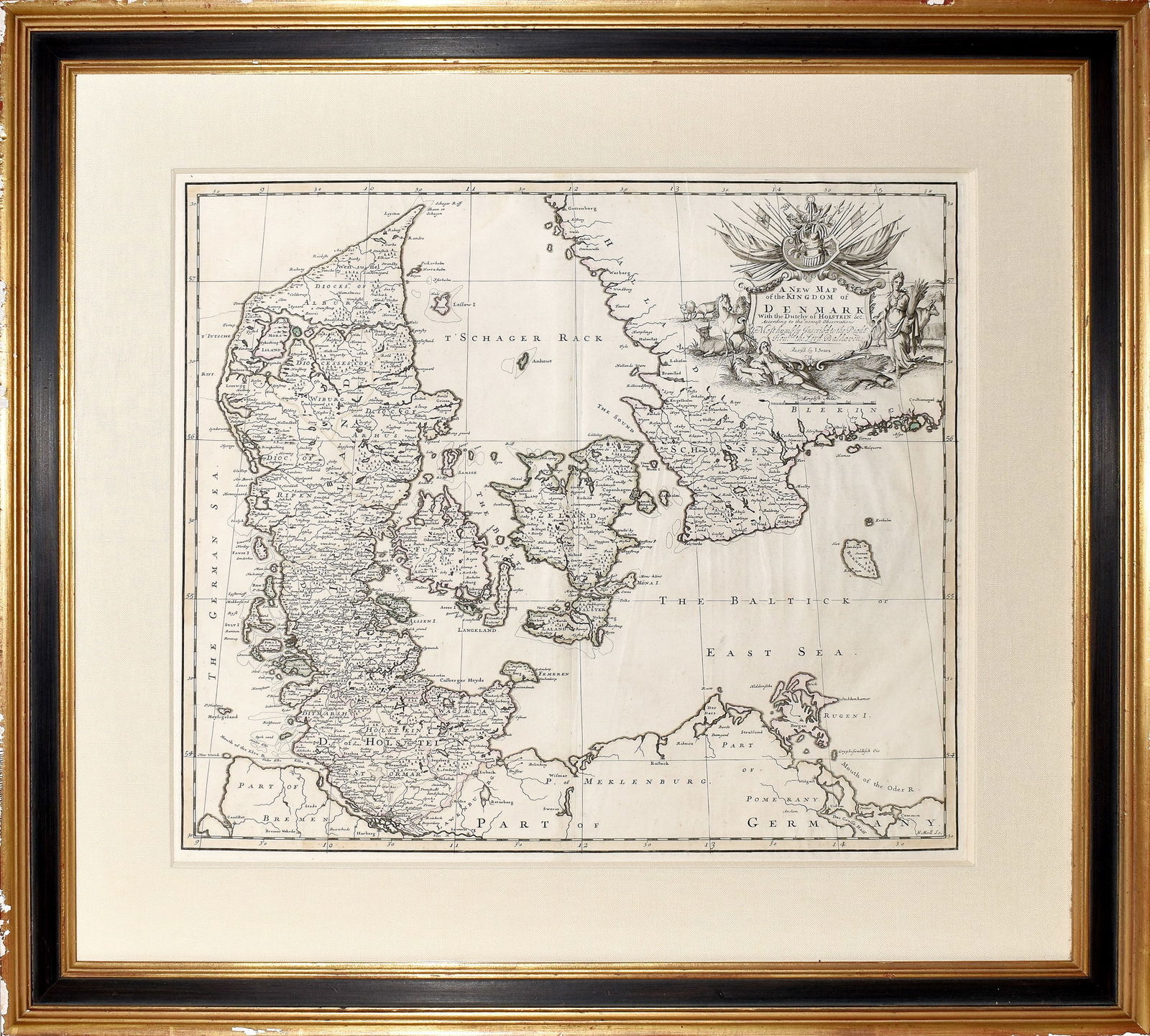 John Senex Map of Denmark: SENEX, John (1678-1740). A New Map of the Kingdom of Denmark. Engraving with original hand color in outline. London: John Senex, 1719. From General Atlas. 19 1/8" x 21 5/8” plate, 29 1/4" x 31 5