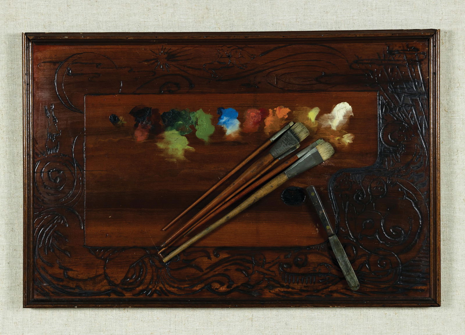 John Haberle Oil, The Artist's Palette: HABERLE, John (American, 1856-1933). The Artist's Palette. Oil on panel with brushes & palette knife. c. 1890. 18" x 27" panel. Provenance: Private Collection; Berry-Hill, New York; Property of a New