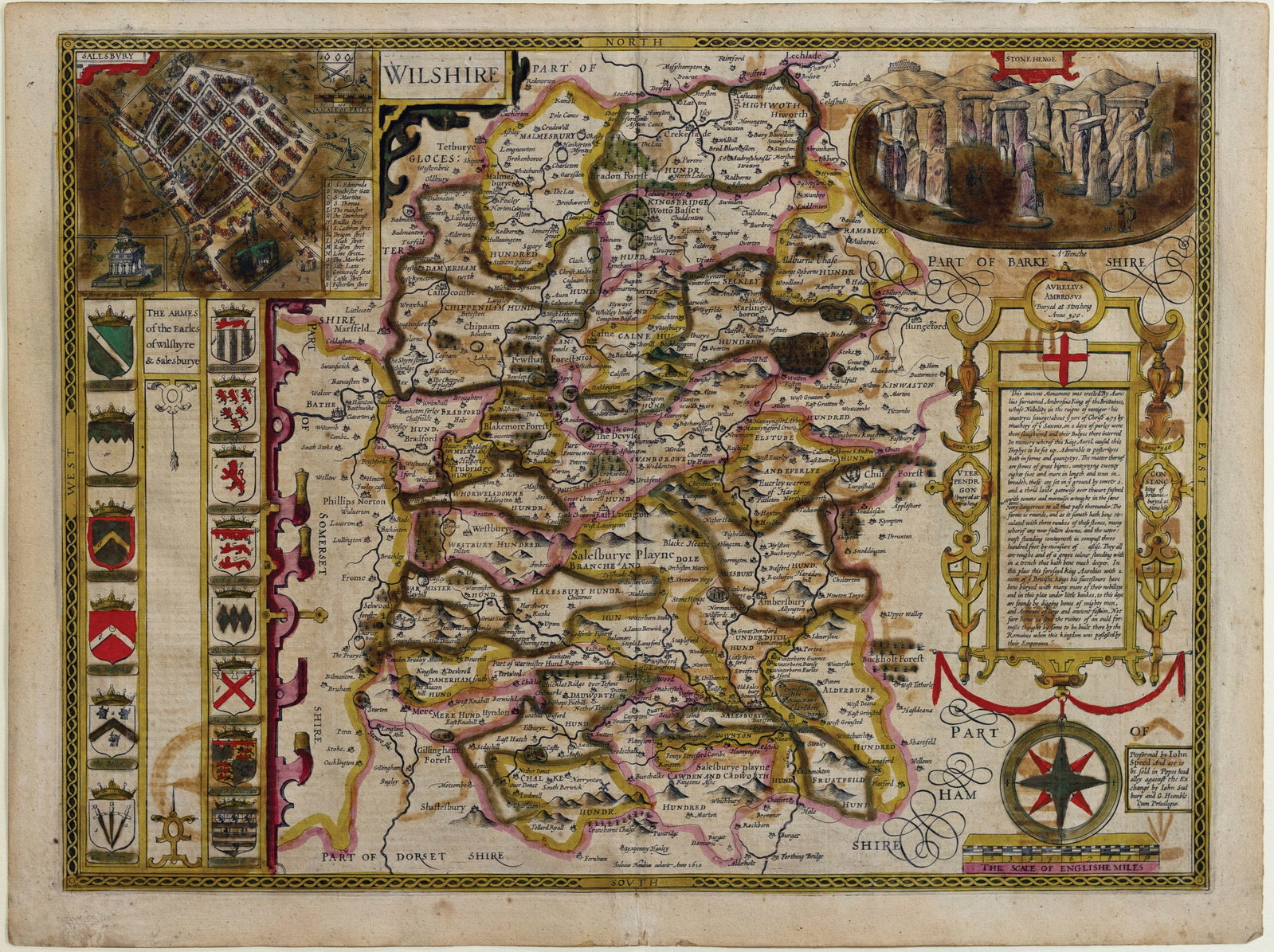 Speed Map of Wilshire showing Stonehenge: SPEED, John (1551-1629). Wilshire [Insets of Salisbury & Stonehenge]. Engraved map with original hand color. London: Speed, 1612. 16 5/8" x 22" sheet.