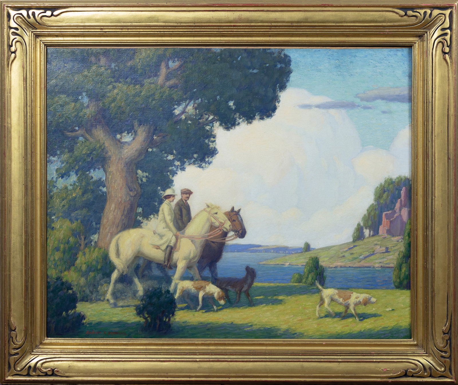 Andrew Thomas Schwartz Oil, Country Ride: SCHWARTZ, Andrew Thomas (American, 1867-1942). Country Ride. Oil on canvas. Signed Lower left. c. 1915. 24" x 30" canvas, 31 1/2" x 37" framed. Andrew T. Schwartz was born in Louisville, Kentucky. His