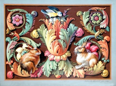 Ferdinando Albertolli, Gouache on paper - Decorative Design with a Bird’s Nest and Rabbits