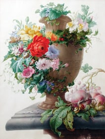 Herman Henstenburgh, Watercolor on Vellum - An Urn Garlanded with Flowers