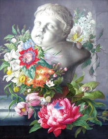 Herman Henstenburgh, Watercolor on Vellum - Still-life with a bust of a putto