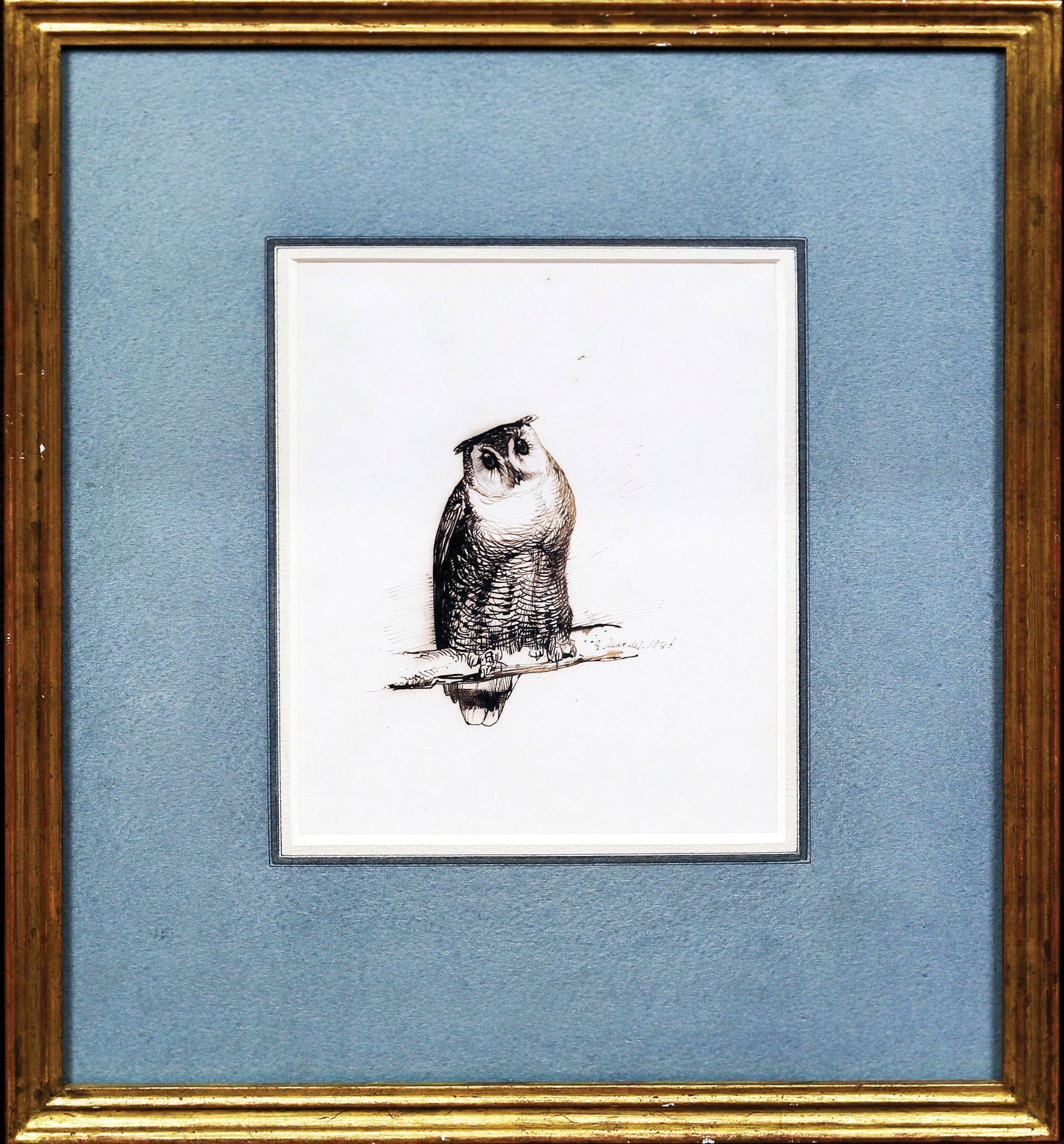 Edward Lear, Original Drawing - Study of an Eagle Owl: LEAR, Edward (1812-1888). Study of an Eagle Owl, 1846. Pen and brown ink on paper. Signed and dated on branch: "E. Lear del. 1846". 8 3/4" x 6 1/2" sheet; 13 7/8" x 11 3/4" framed. Provenance: George