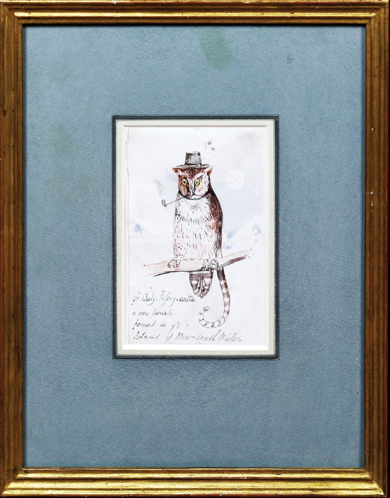Edward Lear, Original Drawing - Ye Owly Pusseycatte: LEAR, Edward (1812-1888). Ye Owly Pusseycatte, a new Beast found in ye Island of New South Wales. Watercolor on laid paper. Inscribed with title lower left. 5 1/4" x 3 1/2" sheet; 12 1/8" x 10" framed