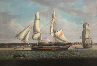Robert Salmon Oil on Canvas - A Departing Brig Off Maryport Harbor