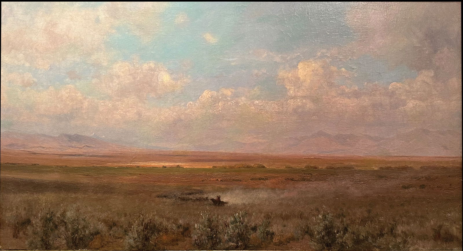 Jervis McEntee, Oil on Canvas - Valley of Humboldt: McENTEE, Jervis (American, 1828-1891). Valley of Humboldt. Oil on canvas. Signed in monorgram "JME" lower right and dated 1882. 17 3/4" x 34 5/16" canvas, 30 3/4" x 46 3/4" framed. “We are in the va
