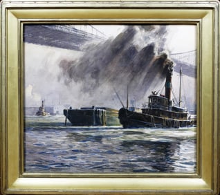 Martin Lewis, Watercolor on Paper - New York Harbor