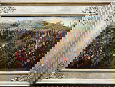 French School, Oil on Panel - Allegorical composition of Francis I on Julius Caesar's path