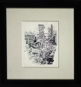 Charles Huard Ink Sketch - Construction of a Skyscaper