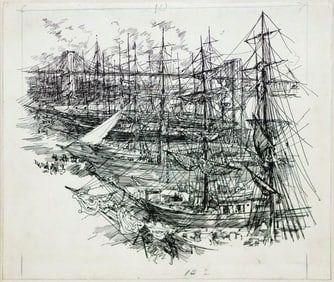Charles Huard Ink Sketch - Brooklyn Bridge View of South St.