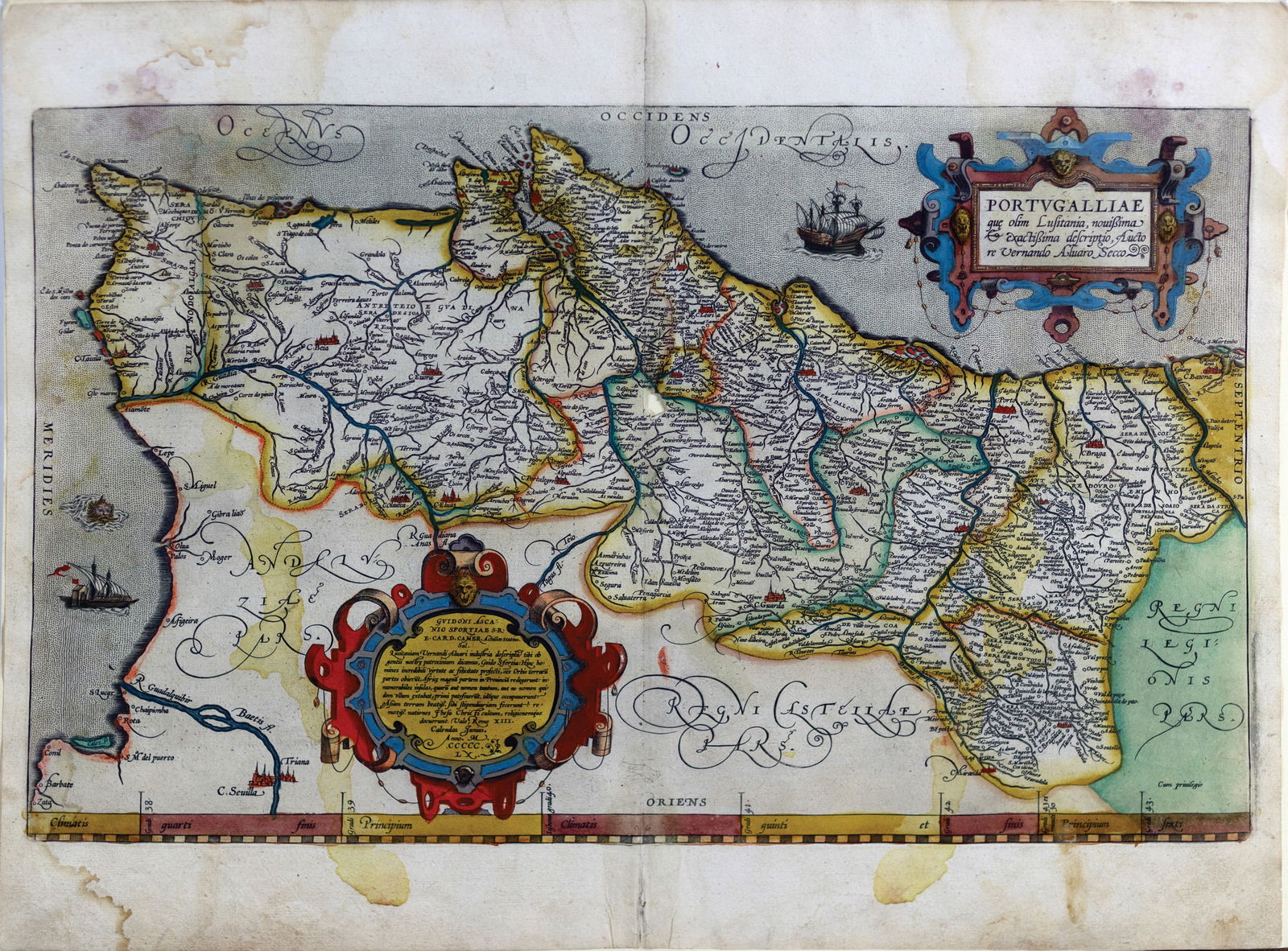 Ortelius Map of Portugal: ORTELIUS, Abraham (1547-1598). Portugalliae que olim Lisitania... Engraved map with original hand color. Antwerp, 1595. 17" x 21" sheet.