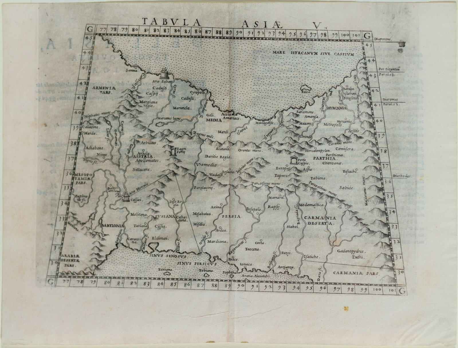 Ptolemy / Russcelli Map of Asia Showing Iran: After PTOLEMAEUS, Claudius (After 83- c.168 AD), RUSCELLI, Girolamo (1500-1566). [Persia / Iran] Tabula Asiae V. Engraved map. Venice: Ruscelli, 1561. 9" x 12 1/8" sheet. Ptolemaic map of the region b