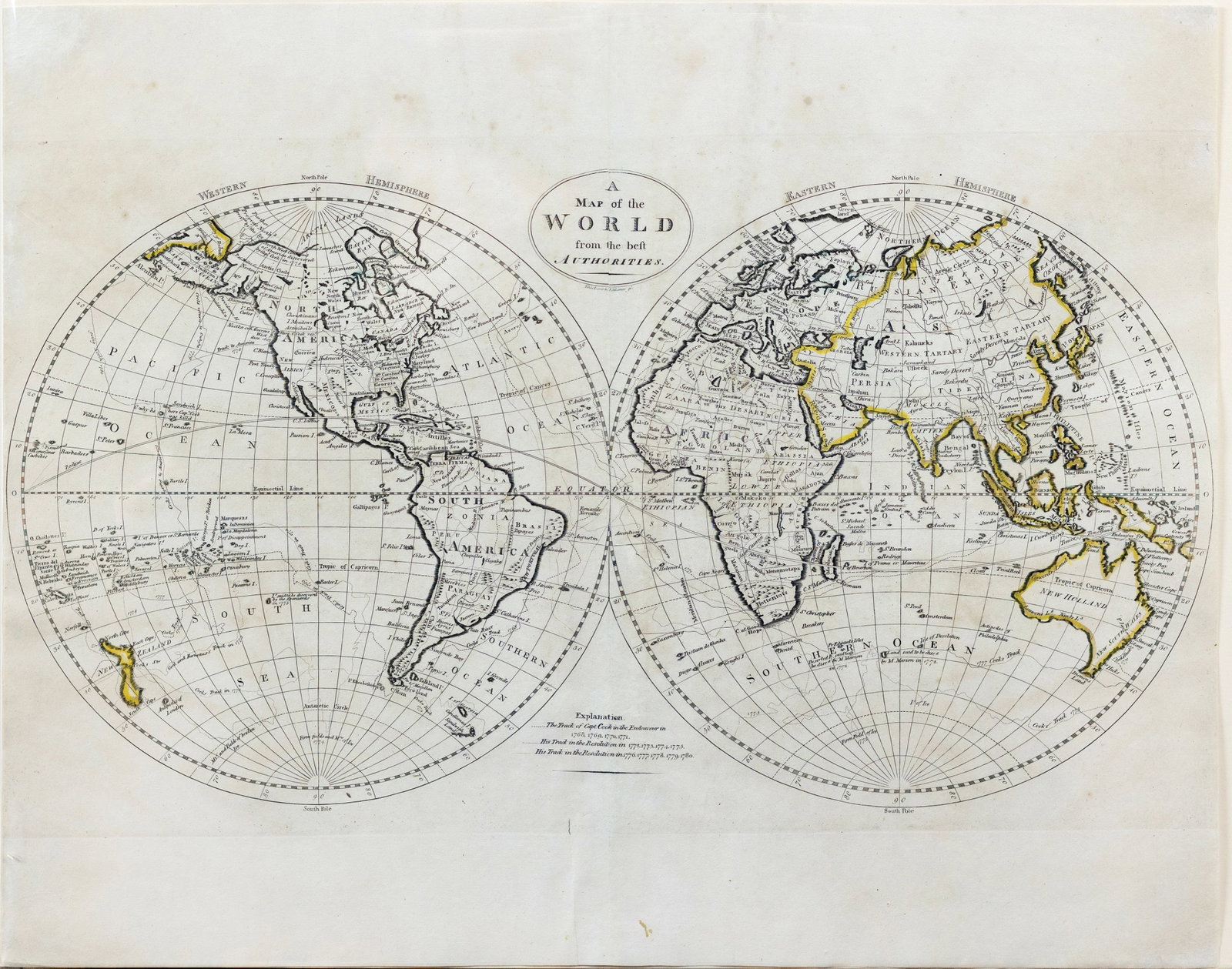 Matthew Carey World Map: CAREY, Matthew (1760-1839). A map of the World from the best Authorities. Engraved map with original hand color in outline. Philadelphia, 1814. 16 1/8" x 20 1/8" sheet.