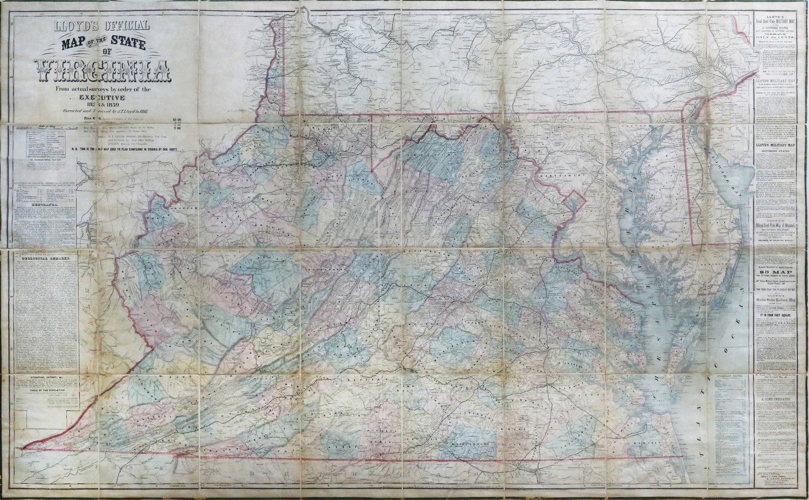 James T. Lloyd Map of Virginia 1861: LLOYD, James T. (fl. mid-19th century). Lloyd’s Official Map of the State of Virginia. Engraving with original hand color in full. New York: J.T. Lloyd, 1861. 31 1/2" x 51" sheet, 36 1/2" x 56" fram
