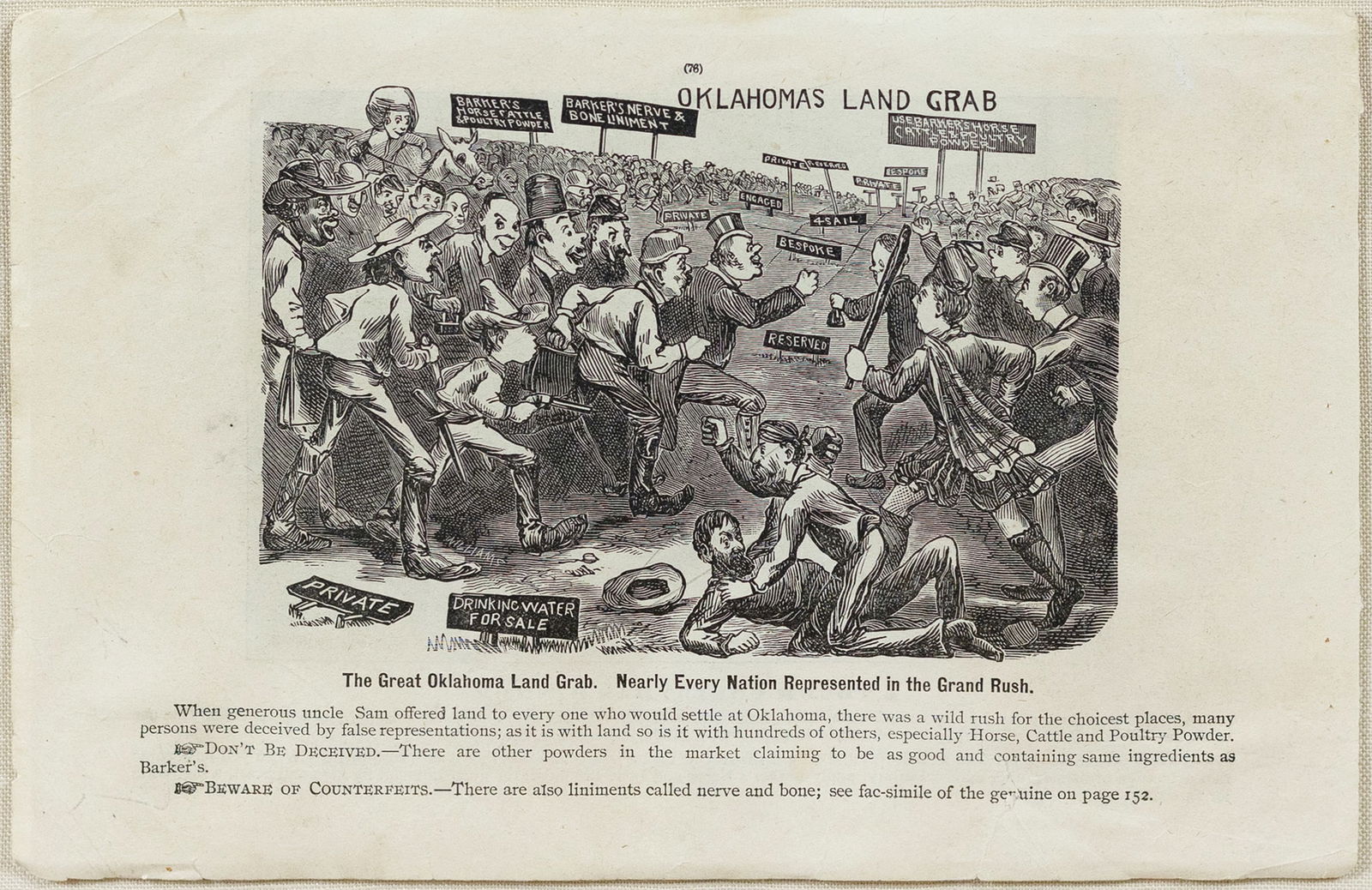 Great Oklahoma Land Grab: The Great Oklahoma Land Grab, Nearly Every Nation Represented in the Grand Rush. Lithograph. c. 1889. 6 3/4" x 10 1/4" sheet, 15" x 18 1/2" framed.
