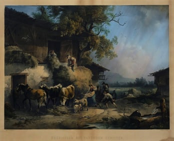Gauermann Lithograph of a Farm Scene