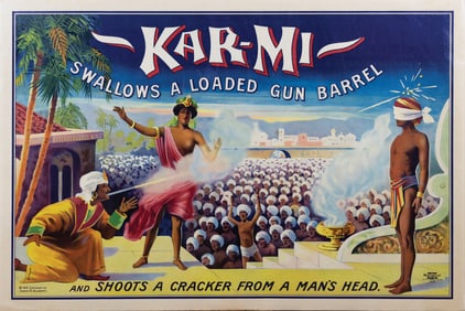 Magic Poster Chromolithograph, Kar-Mi Swallows a Loaded Gun Barrel