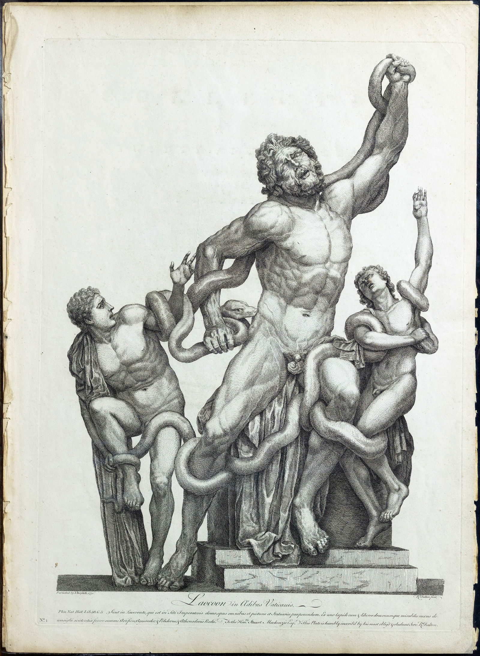 Richard Dalton Classical Antique Engraving, The Laocoon, in the Vatican Rome: DALTON, Richard (1715-1791). Plate 1, The Laocoon, in the Vatican Rome. Engraving drawn from the originals in Italy from "A Collection of Twenty Antique Statues". London: Boydell, 1770. 24 1/2" x 18 1