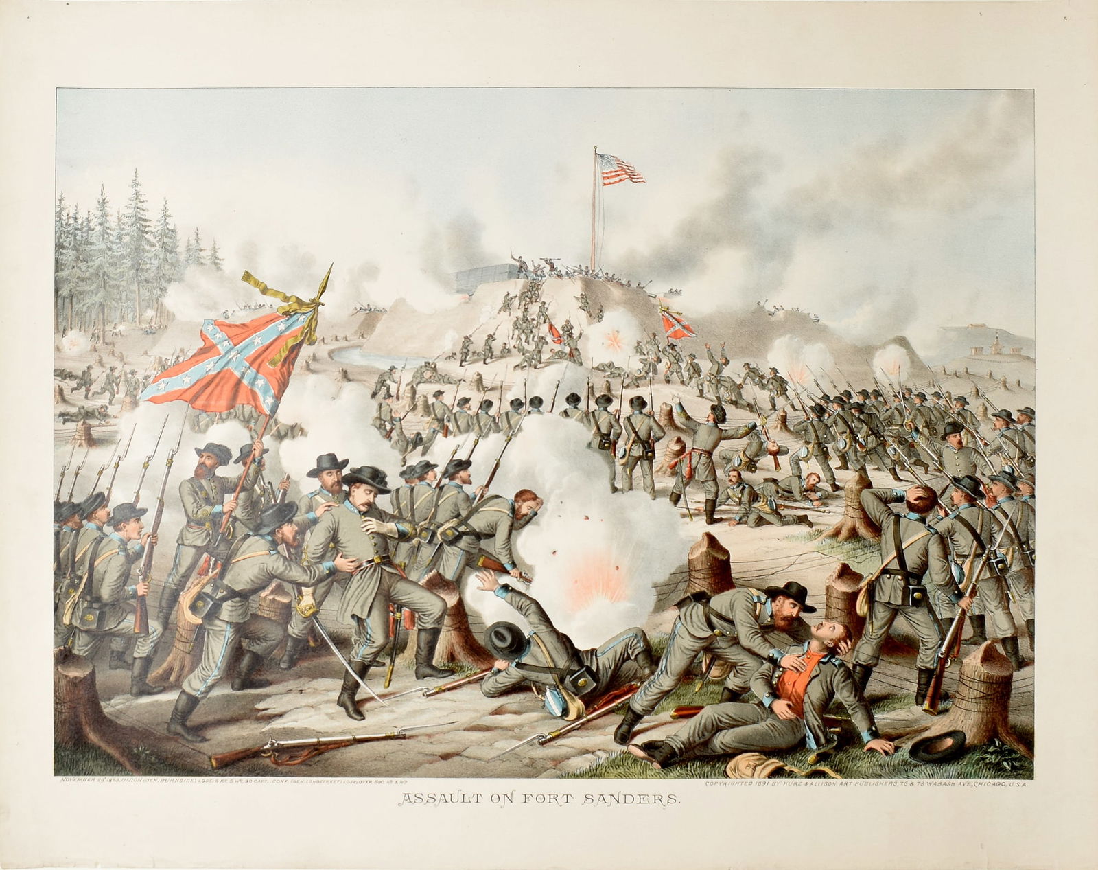 Kurz & Allison Chromolithograph, Assault on Fort Sanders: KURZ, Louis (1834-1921) & ALLISON, Alexander (ca. 1799-1862). Assault on Fort Sanders. Chromolithograph. Chicago,1891. 22" x 28 1/4" sheet.