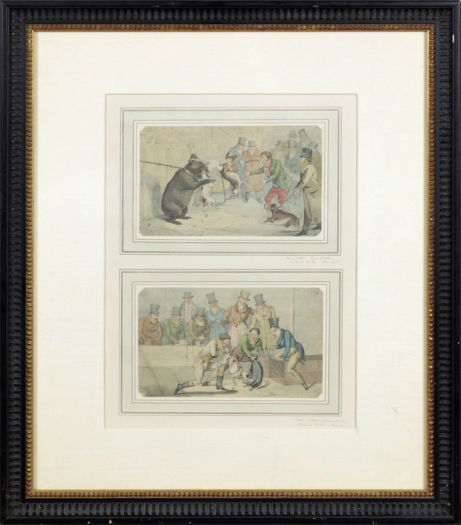 Henry Thomas Alken, Bear Baiting & Dog Baiting: ALKEN, Henry Thomas (1785-1851). [Bear Baiting & Dog Baiting]. Watercolor on paper. ca.1820. 24" x 20" framed. This picture is part of a superlative selection of sporting watercolors by the acclaimed