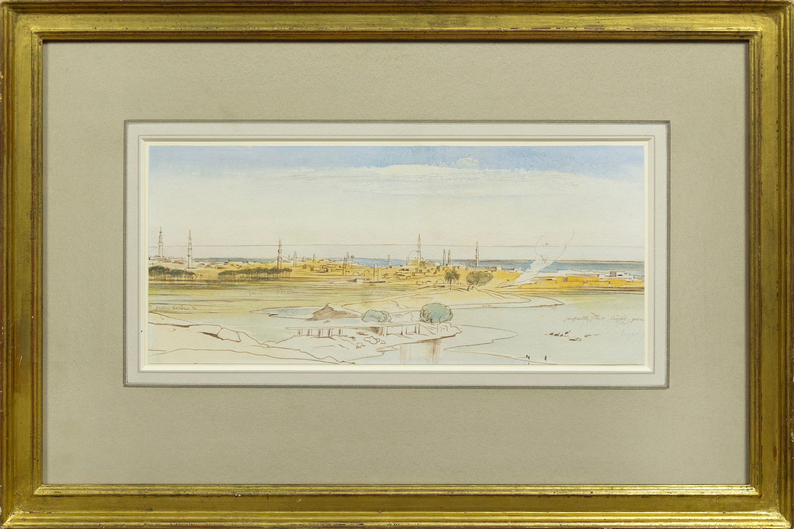 Edward Lear Watercolor, Assiut on Nile, Egypt: LEAR, Edward (1812-188). Assiut on Nile, Egypt. Pen and brown ink and watercolor. Inscribed with artist’s colour notes 5 3/8" x 12 3/8" sheet, 13" x 19 1/2" framed. Provenance: London, Bonham's, 8 J