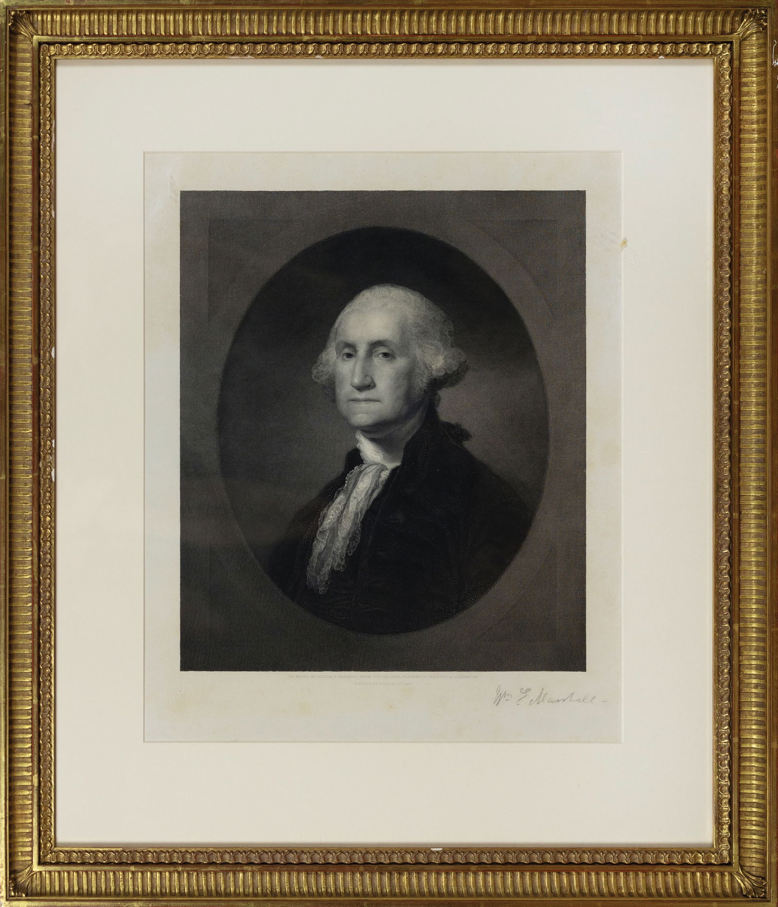 William E. Marshall Engraving of George Washington, after Gilbert Stuart: STUART, Gilbert (1755-1828), after. George Washington. Engraving by William E. Marshall (1837-1906). Signed in pencil lower right. Boston, 1862. 16 1/2" x 13 1/4" visible, 25 1/2" x 21 1/2" framed.