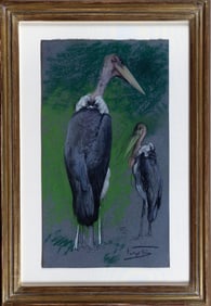 Geza Vastagh Singed Charcoal and Pastel Drawing, Two Marabou Storks