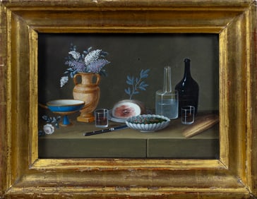 Johann Rudolf Feyerabend Dit Lelong Watercolor, Still Life [Blue Vase, Ham, Wine and Water Carafes]