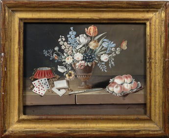 Paul Le Long Gouache, Still Life [Floral Bouquet, Playing Cards and Peaches]