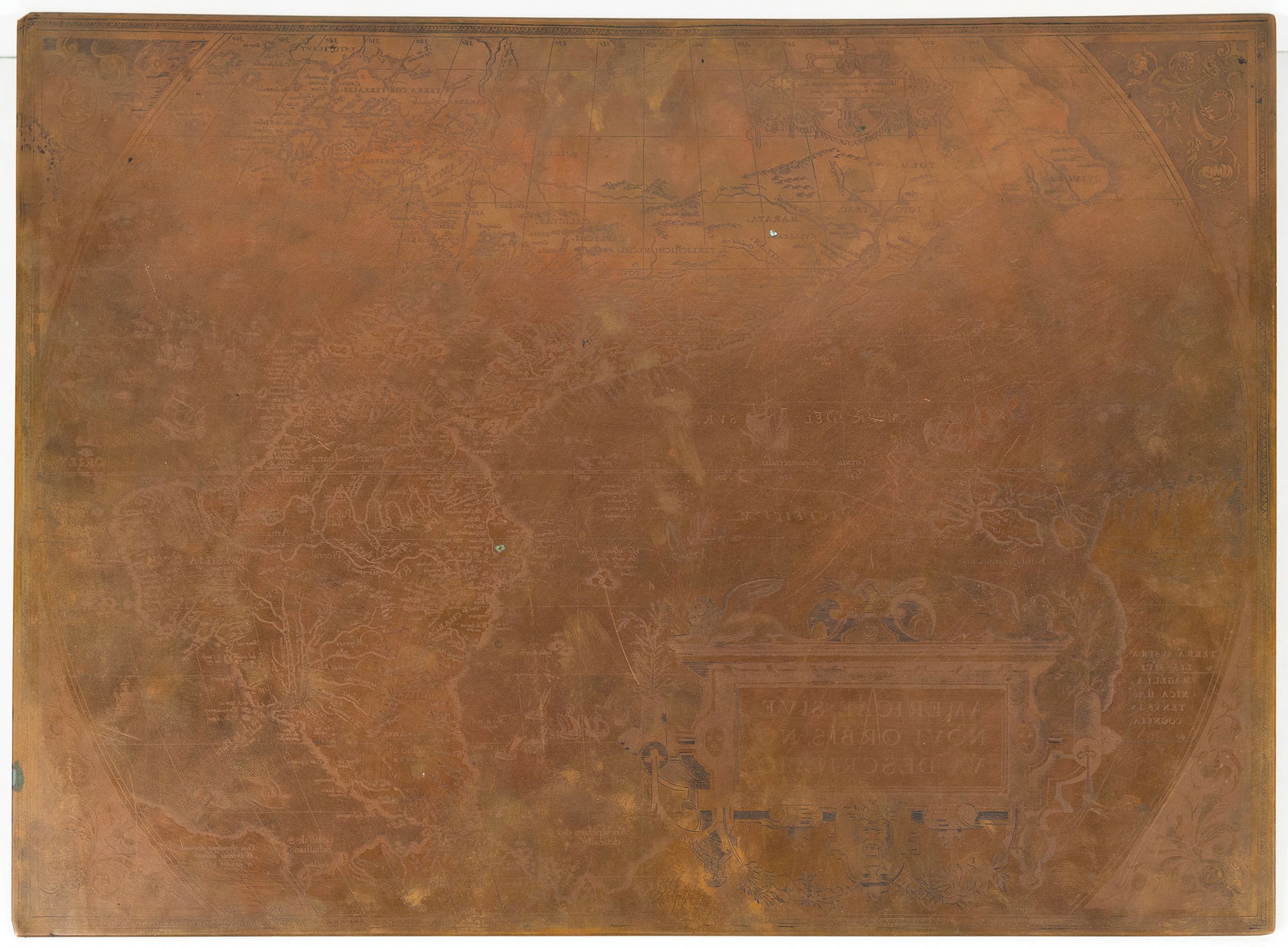Abraham Ortelius Unique Copperplate For Americae sive Novi orbis: ORTELIUS, Abraham (1527-1598). Americae sive Novi orbis, nova Descriptio. [Amsterdam]: Abraham Ortelius, 1587. Original copperplate. 12 1/2" x 19". UNIQUE AND EXCEPTIONALLY FINE ENGRAVED COPPERPLATE o