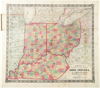 A. J. Johnson Lithographed New Railroad & Township Copperplate Map of Ohio, Indiana, & Kentucky,