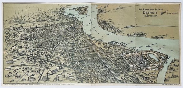 City-View Panorama Chromolithograph, Detroit, Michigan