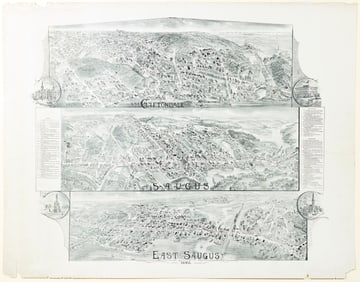 Lithographed Trio of Massachusetts City Views -  Cliftondale, Saugus, East Saugus