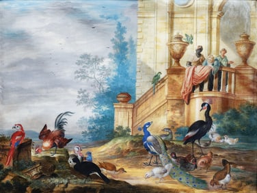Johannes Bronckhorst Original Watercolor, A group of birds in the grounds of an elegant house
