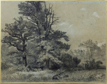 Karl Bodmer Original Chalk Drawing, Deer in landscape