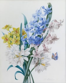 Zelie-Julie D'Leindre Original Watercolor, Bouquet with Narcissus and Butterfly