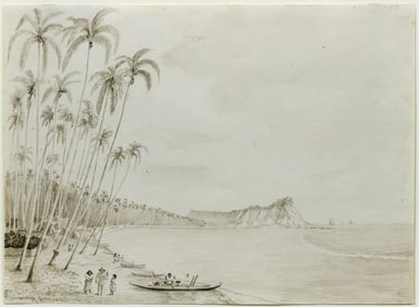 Lieutenant John B. Dale Original Watercolor, View Along Waikiki Beach near Diamond Head, O’Ahu,