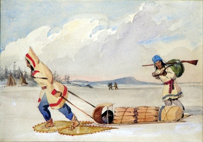Cornelius Krieghoff Original Watercolor, Canadian Indians with Sled - Canada's Great Western Artist