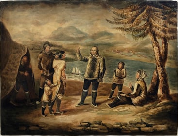 Original Watercolor showing Moravian Missionaries Meeting with the Inuit People in Canada