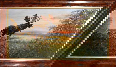 F. M. Hoyer Oil on Canvas, Moose in a Sunset Landscape