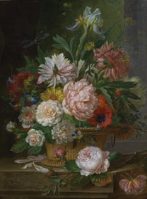 Willem Van Leen Oil on Panel, Still Life with Roses, Iris, and a dragonfly
